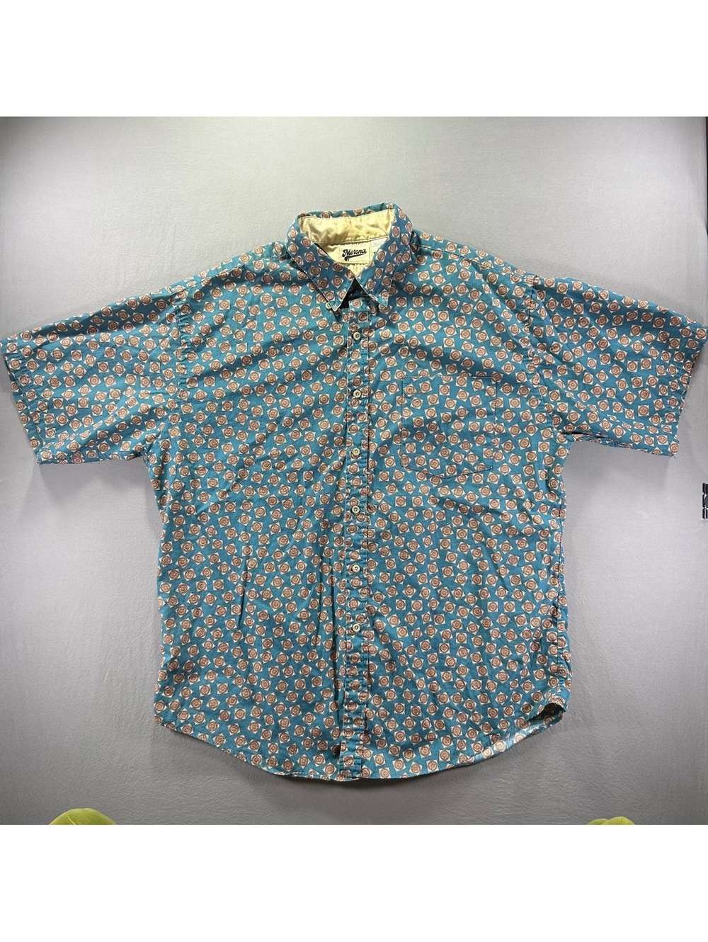 Vintage Merona Brand Patterned Short Sleeve Collared Button Up Shirt Men Size L
